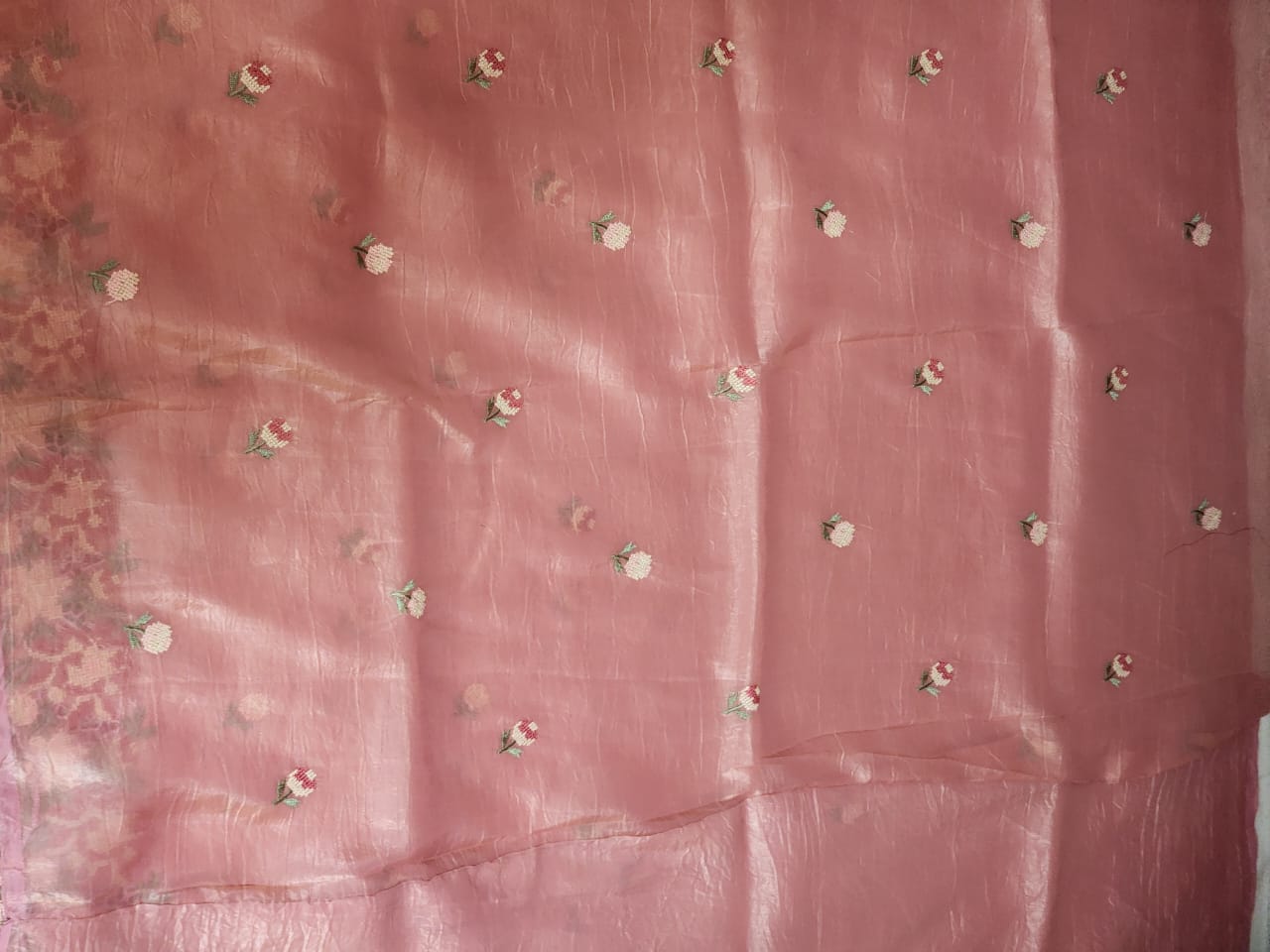 Dusty Rose Pink with Multicolour Floral Embroidery Organza Saree