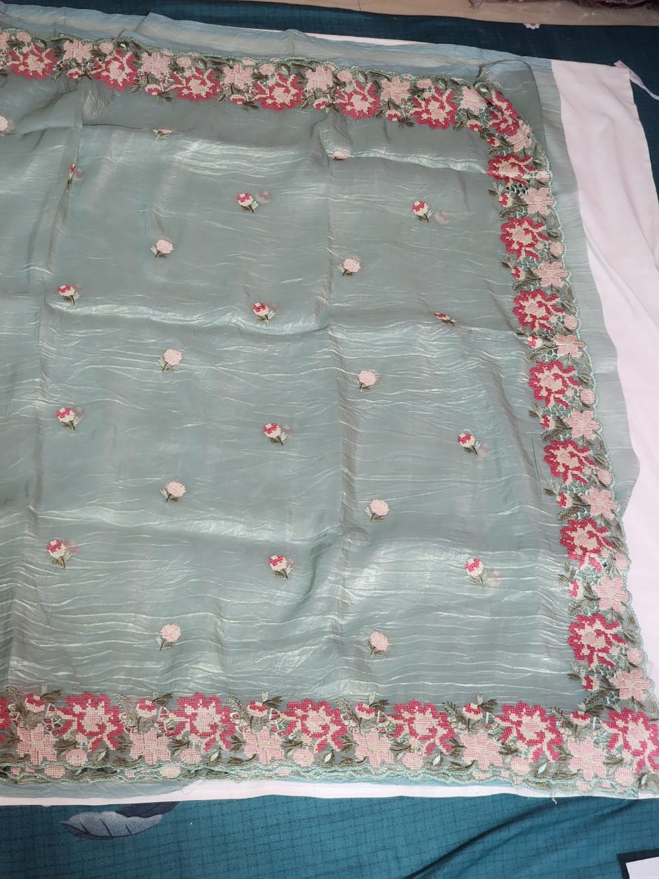 Pastel Mint Green with Multicolour Floral Embroidery Organza Saree