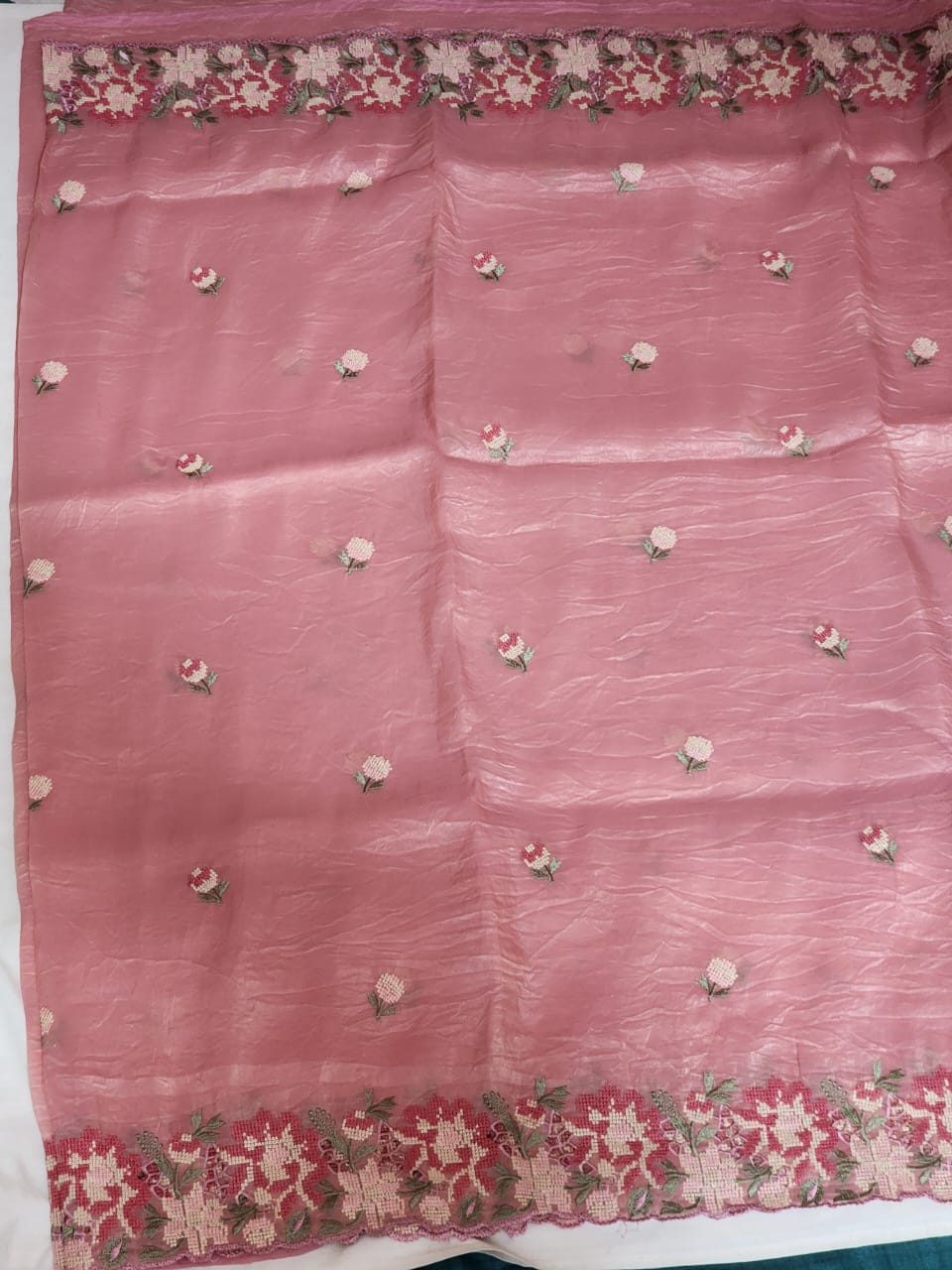 Dusty Rose Pink with Multicolour Floral Embroidery Organza Saree
