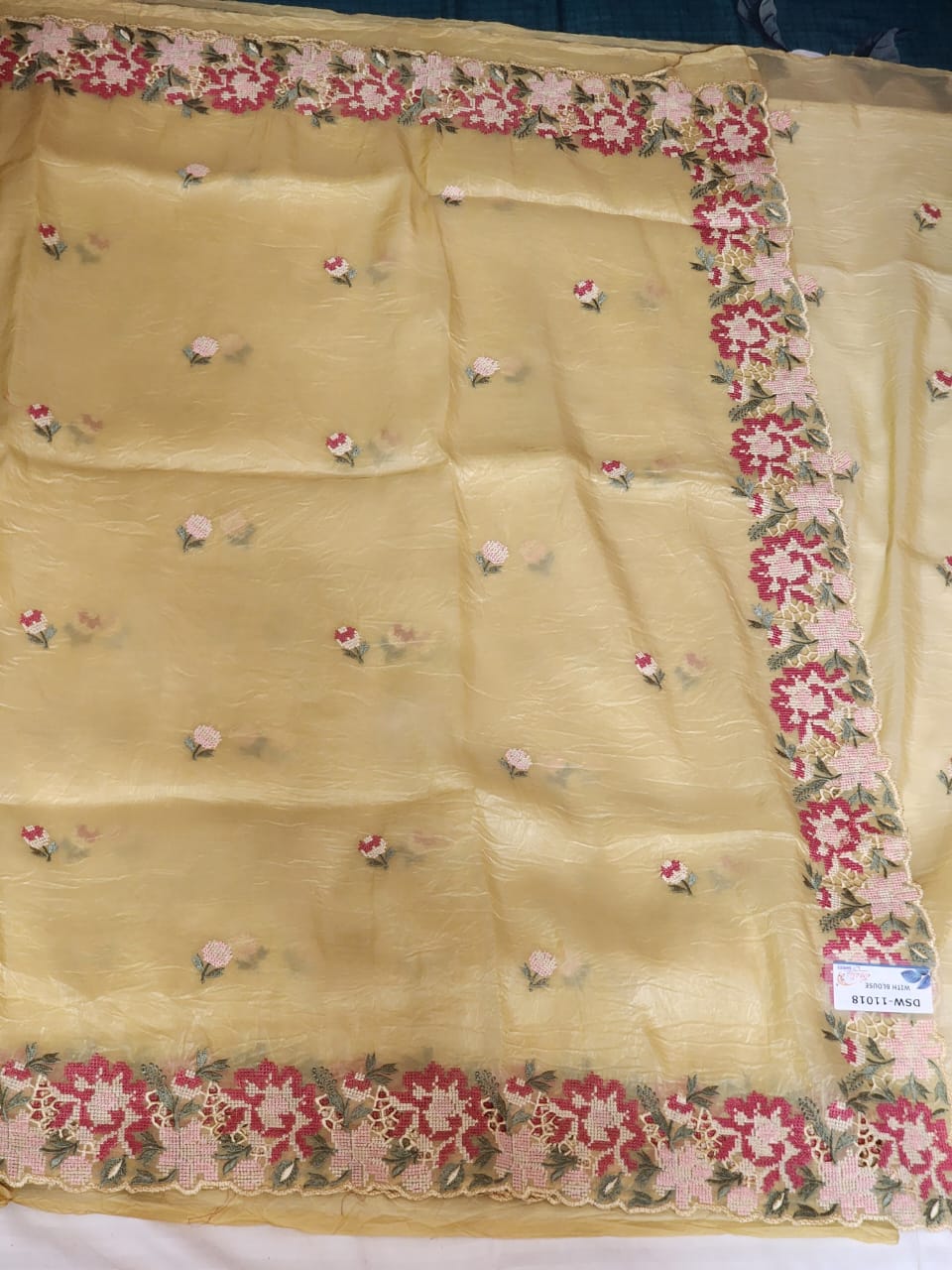 Light Yellow with Multicolour Floral Embroidery Organza Saree