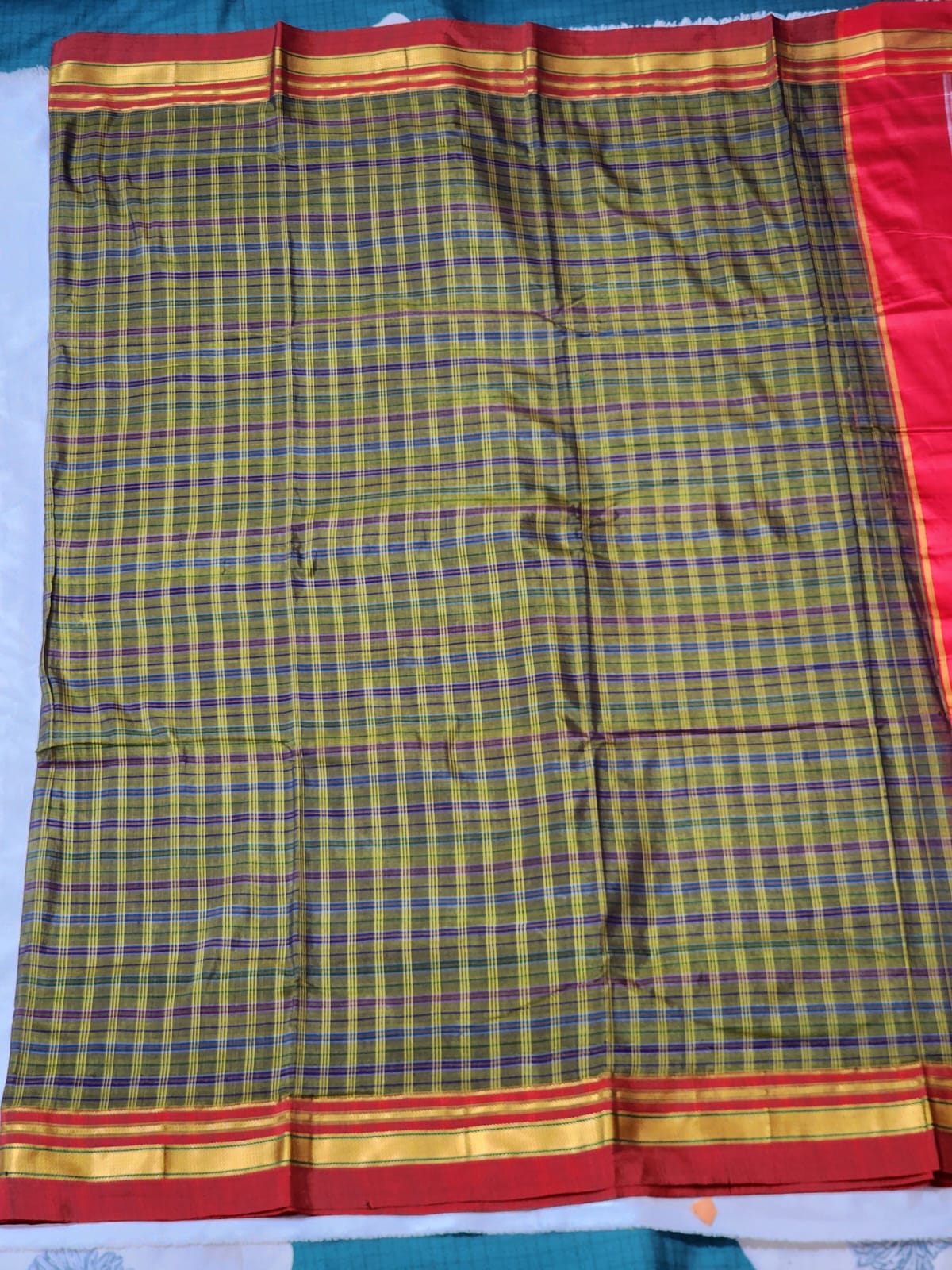 Mustard yellow multicolor checkered Ilkal Cotton Silk Saree