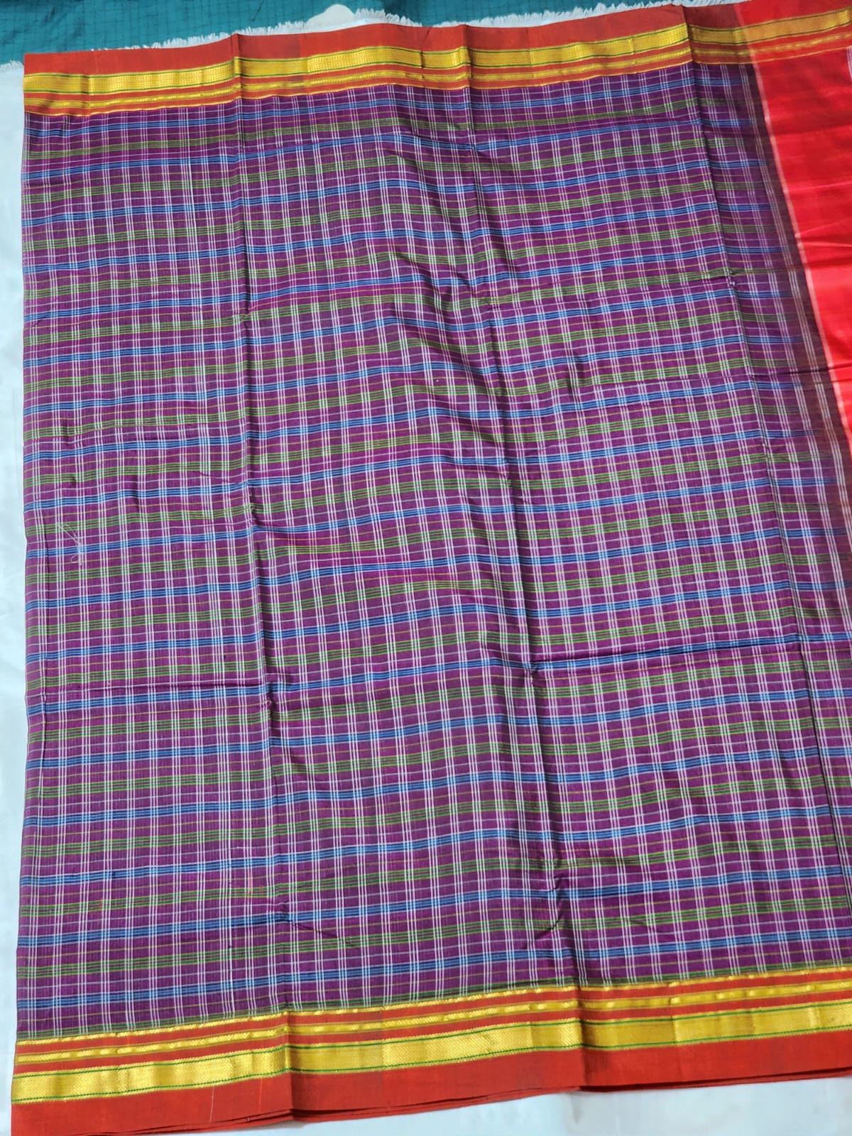 Maroon and blue checked Ilkal Cotton Silk Saree