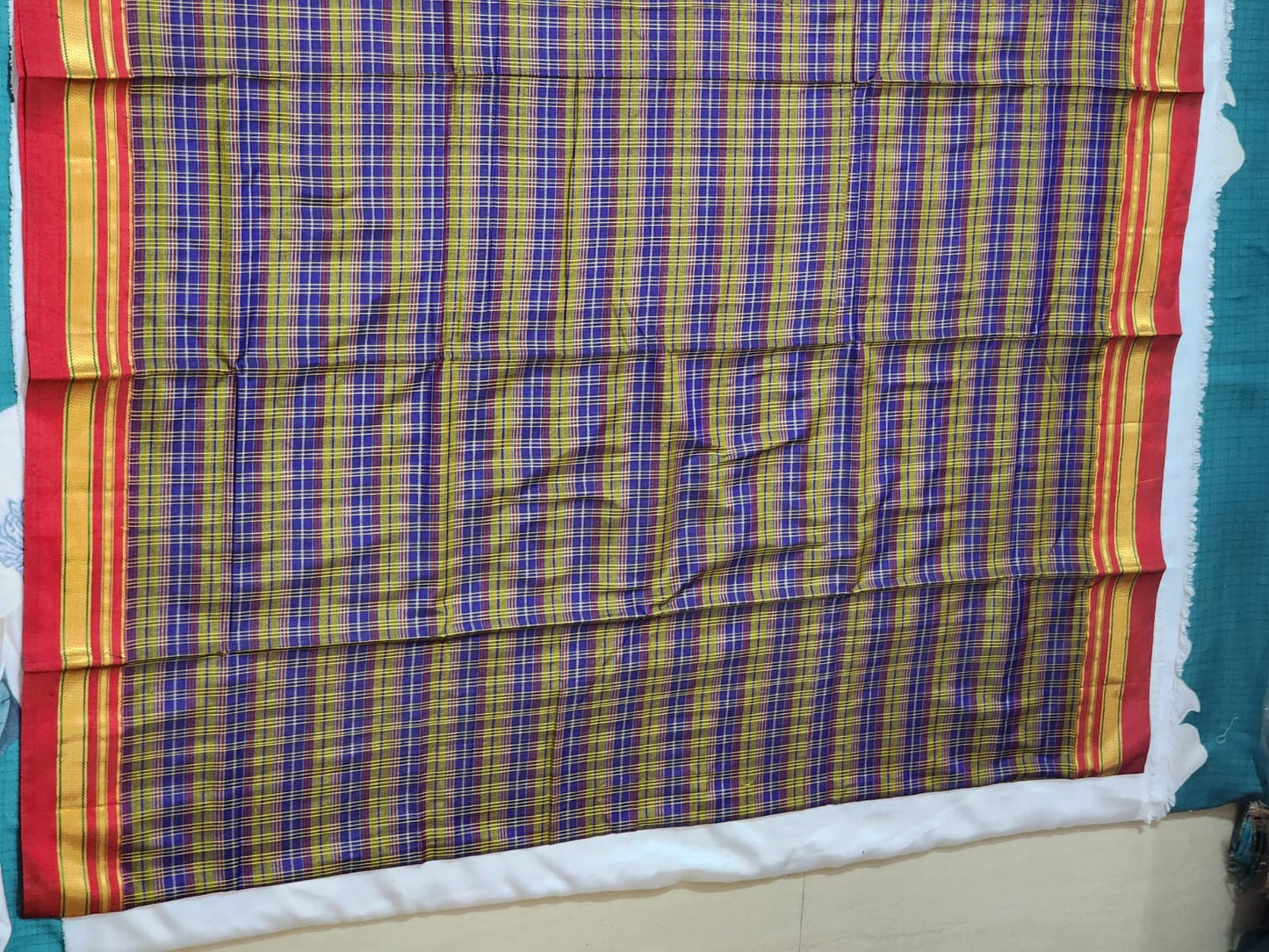 Blue and yellow checkered Ilkal Cotton Silk Saree