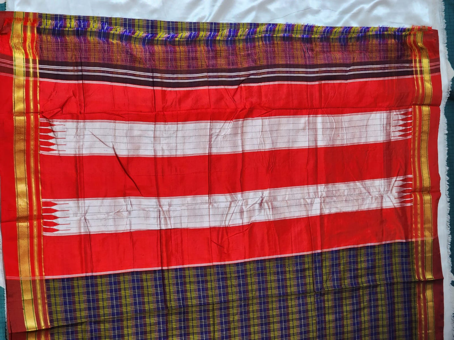 Blue and yellow checkered Ilkal Cotton Silk Saree