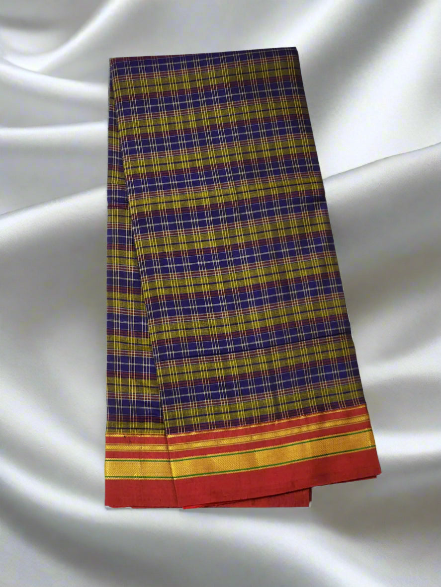 Blue and yellow checkered Ilkal Cotton Silk Saree