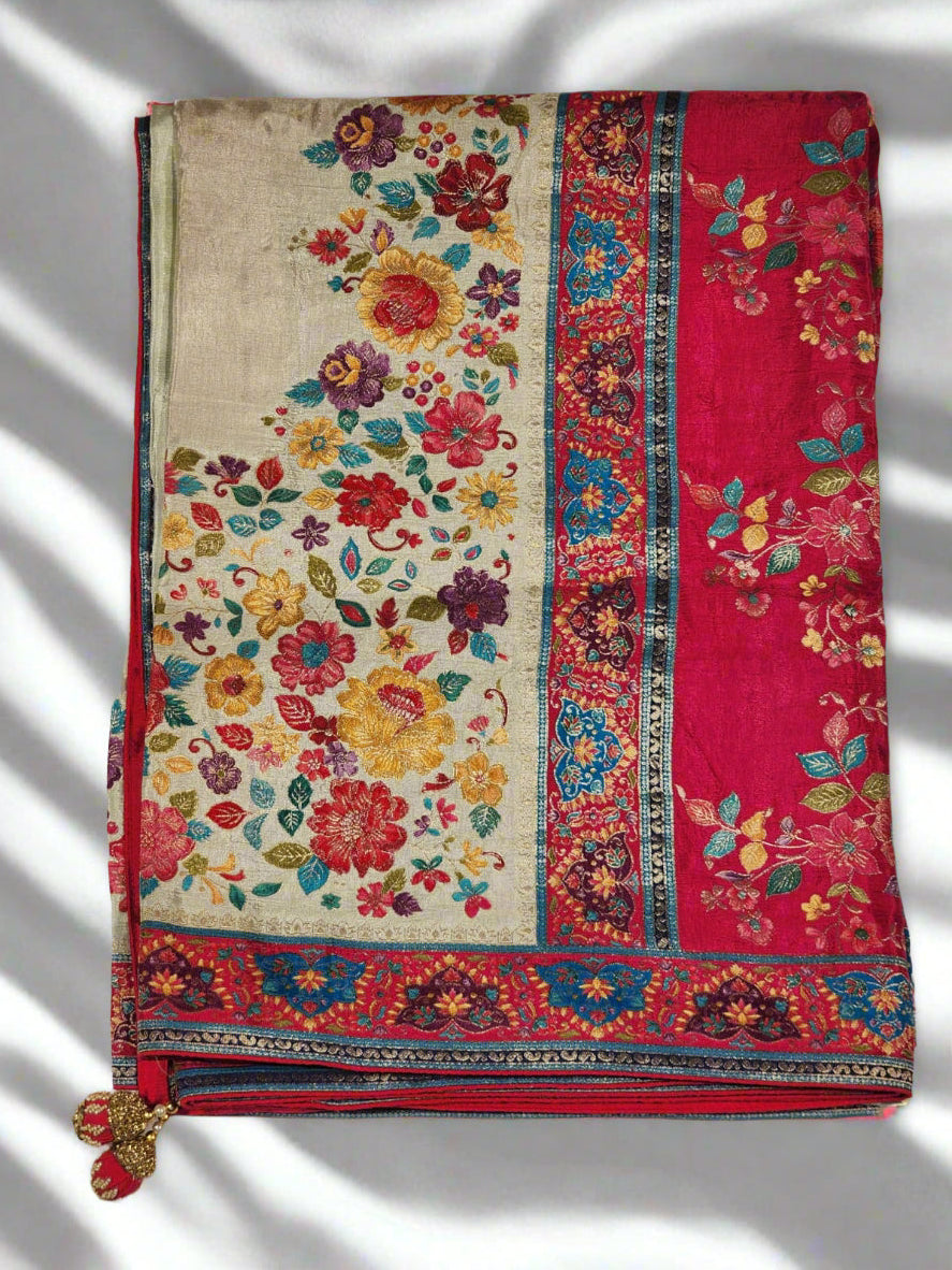 Rose Red & Ivory base Dola Silk Saree