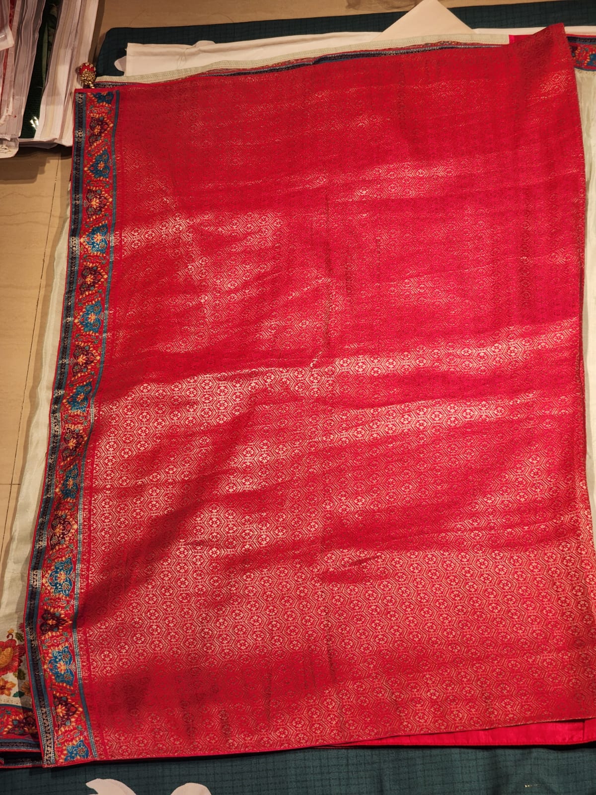Rose Red & Ivory base Dola Silk Saree