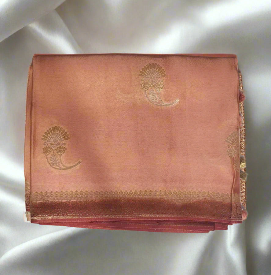 Blush Glow – Peach Banaras Silk Saree with Subtle Zari Motifs