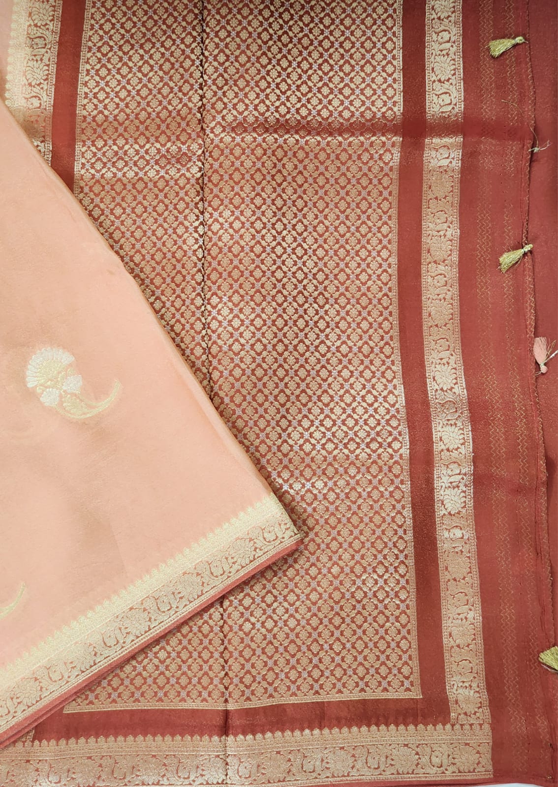 Blush Glow – Peach Banaras Silk Saree with Subtle Zari Motifs