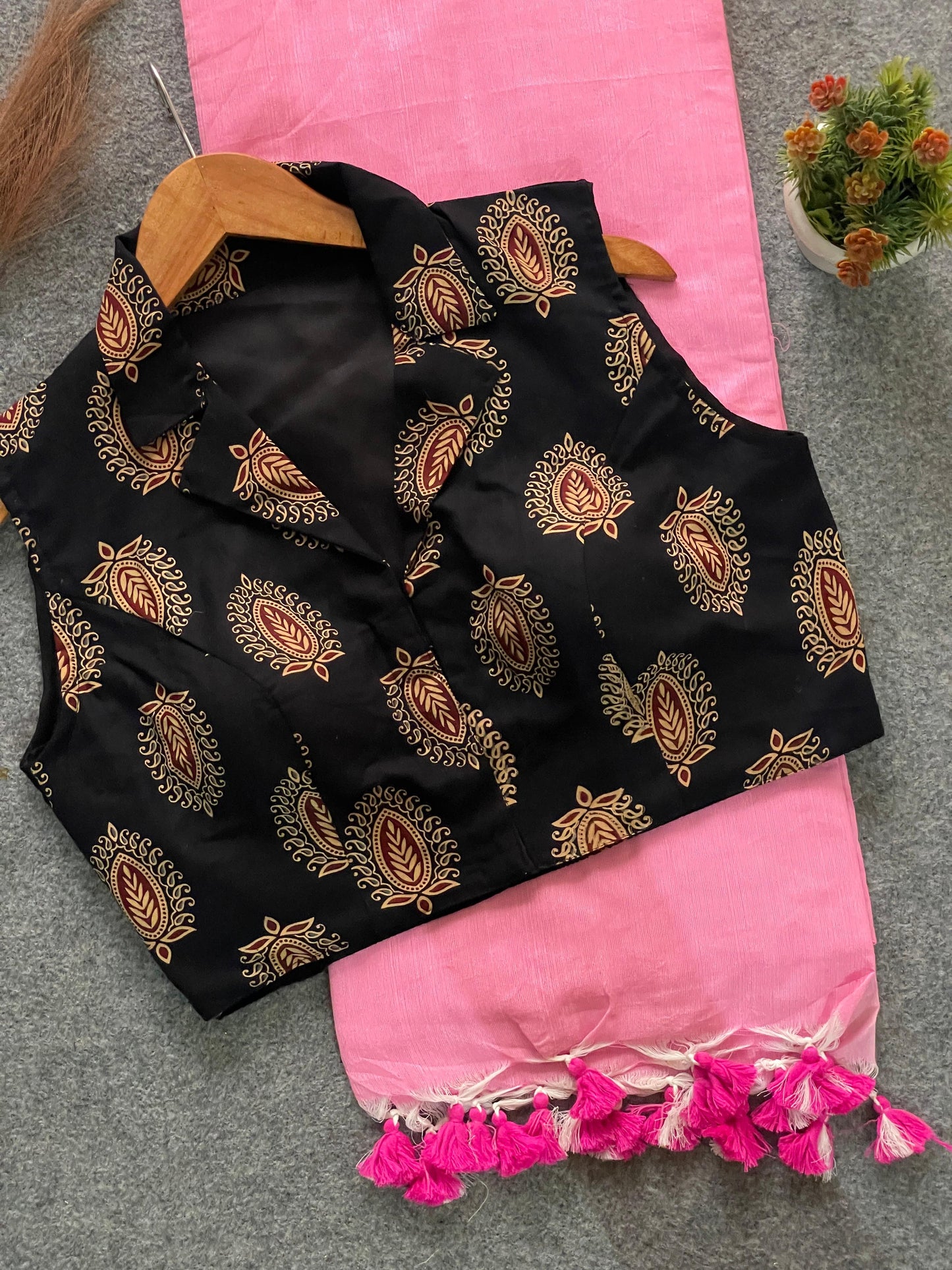 Pink Khadi Cotton Saree with Ajrakh Printed Black Cotton Blouse