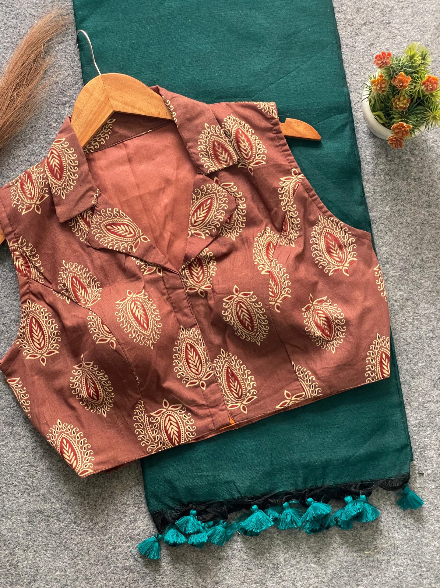 Bottle Green Khadi Cotton Saree with Ajrakh Printed Rust Cotton Blouse