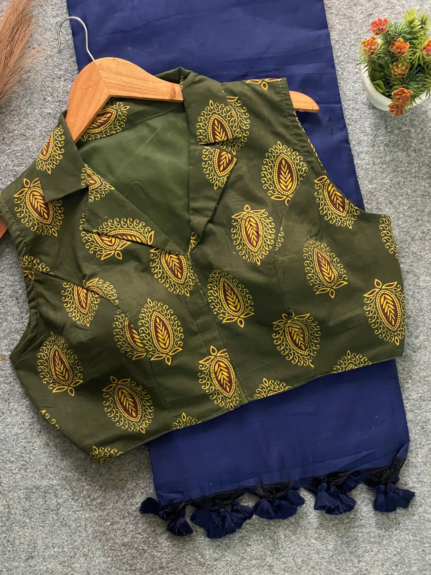 Navy Blue Khadi Cotton Saree with Ajrakh Printed Olive Cotton Blouse