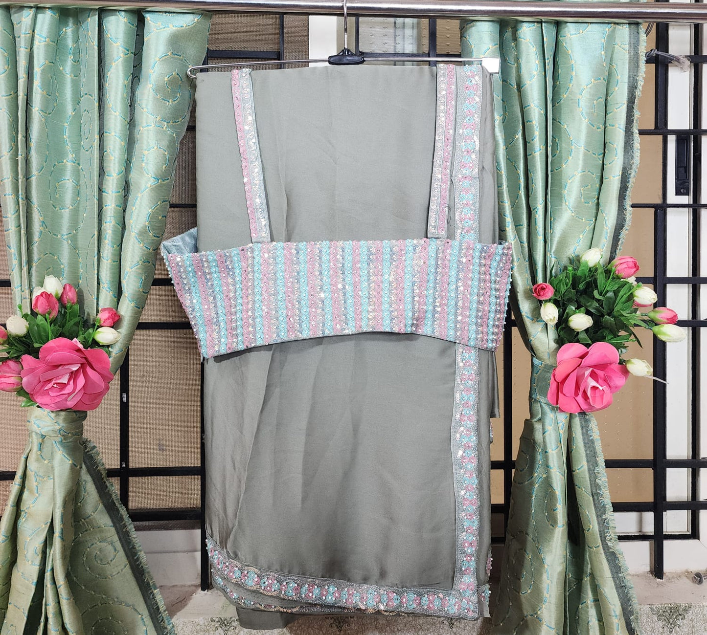 Pastel Glimmer – Saree with Striped Sequin Blouse