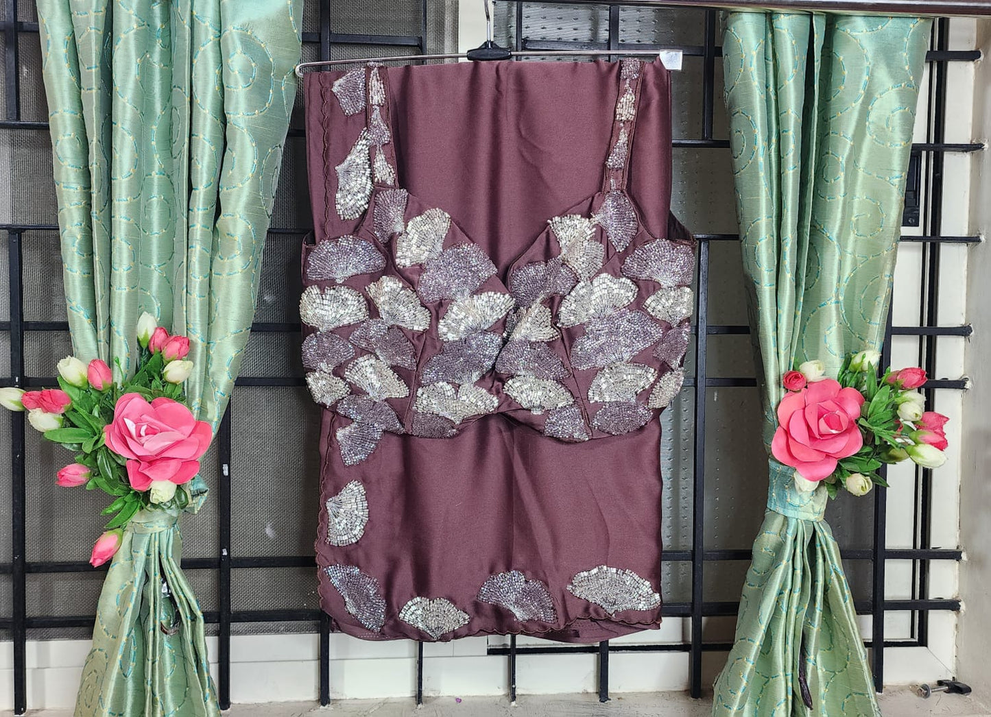 Gilded Maroon – Party Wear Saree with Sequin Leaf Blouse