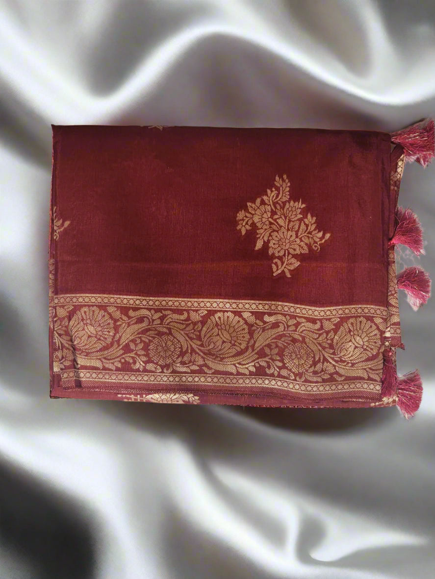 Regal Maroon Banaras Silk Saree with Elegant Floral Zari Border