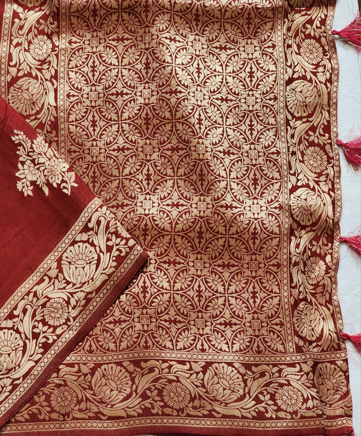 Regal Maroon Banaras Silk Saree with Elegant Floral Zari Border