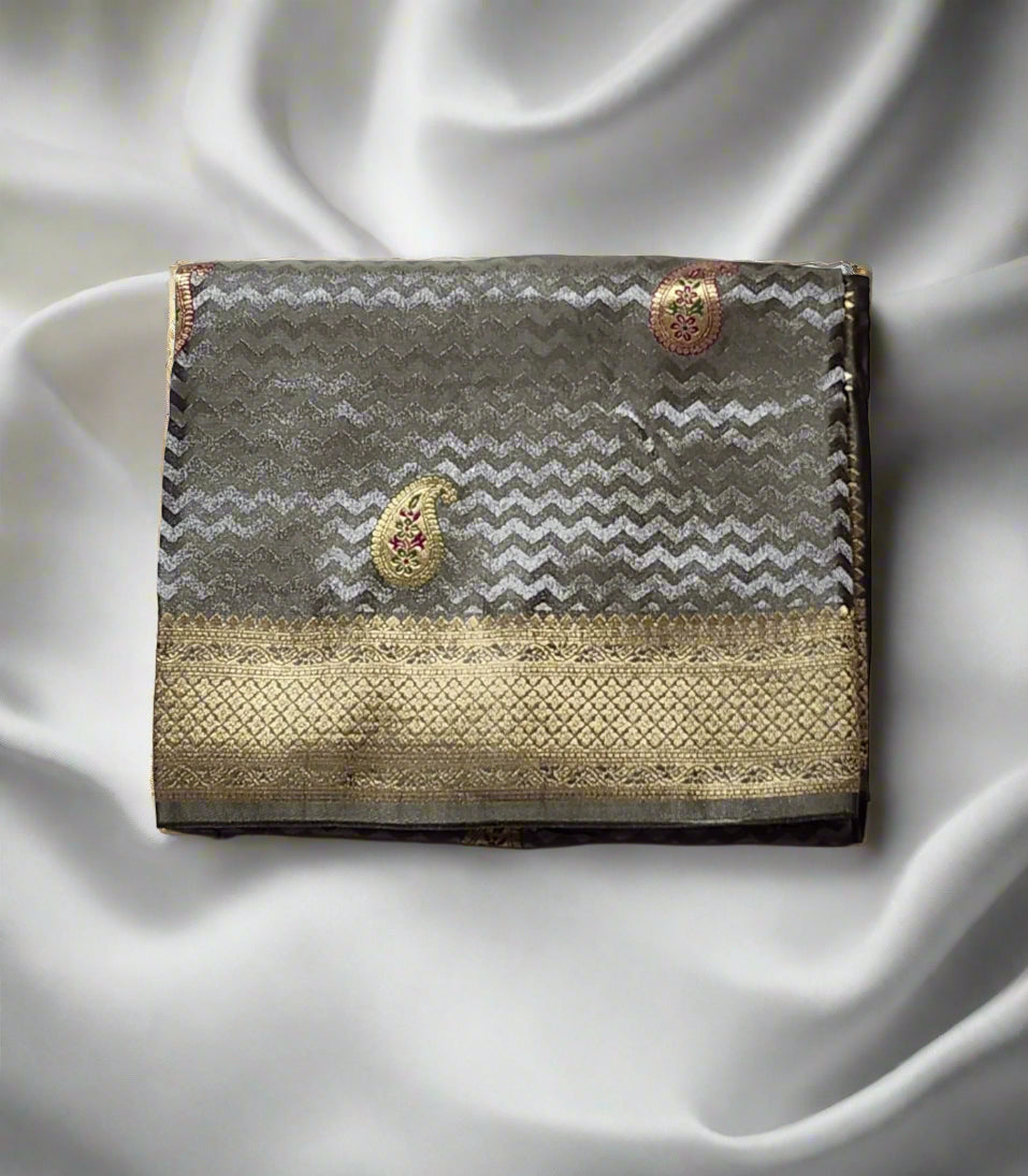 Elegant Grey Banaras Silk Saree with Golden Zari & Paisley Motifs