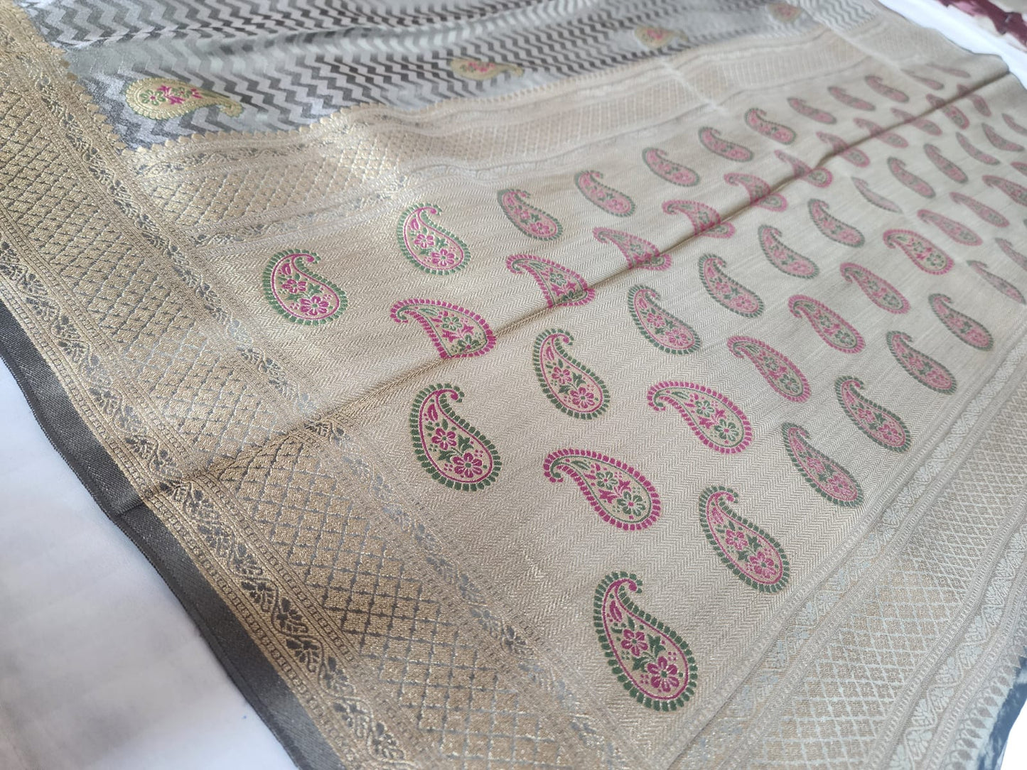 Elegant Grey Banaras Silk Saree with Golden Zari & Paisley Motifs