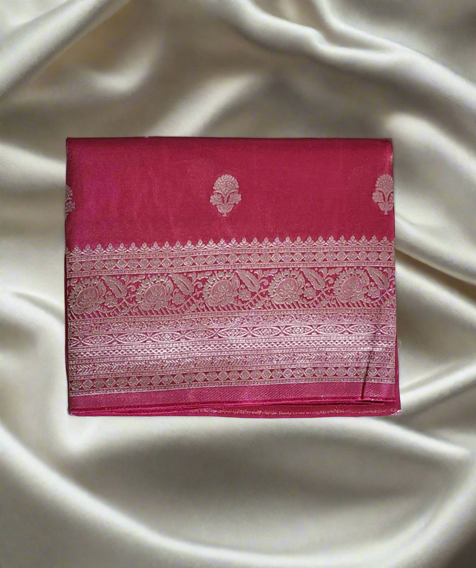 Charming Rani Pink Banaras Silk Saree with Silver Zari Weaving