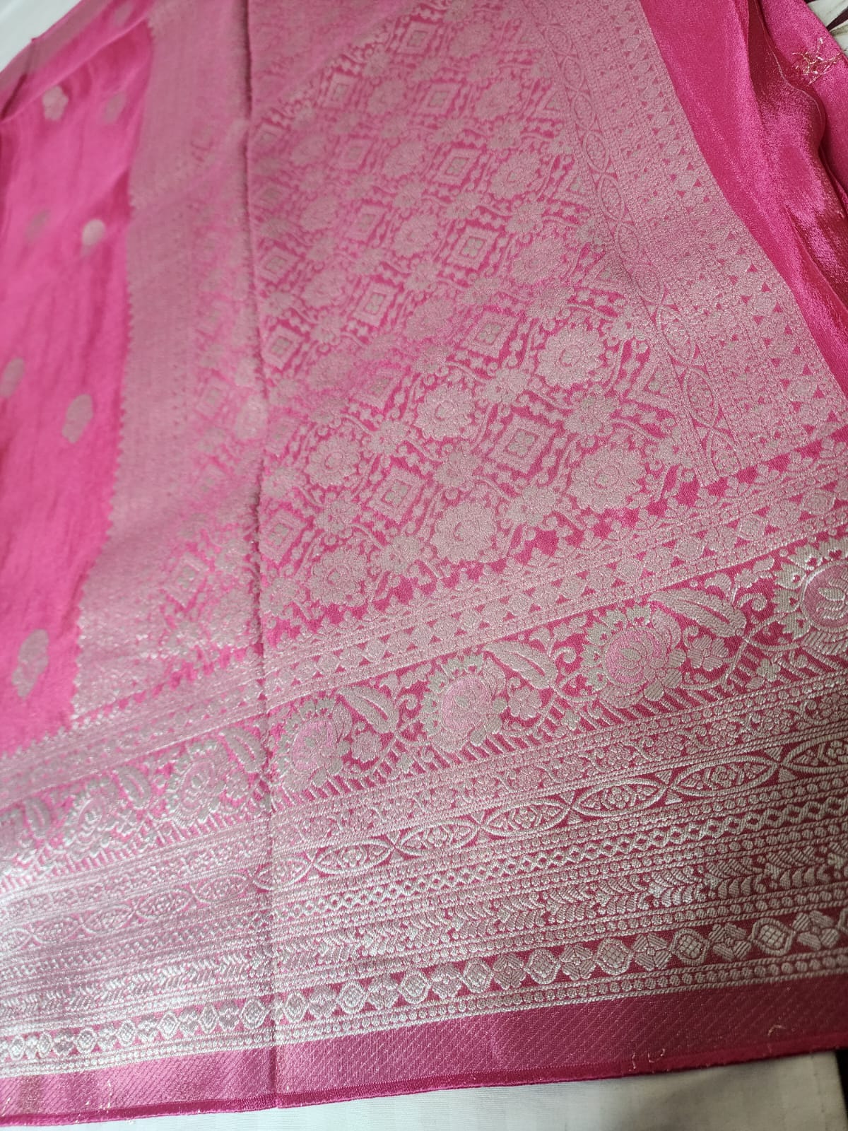 Charming Rani Pink Banaras Silk Saree with Silver Zari Weaving