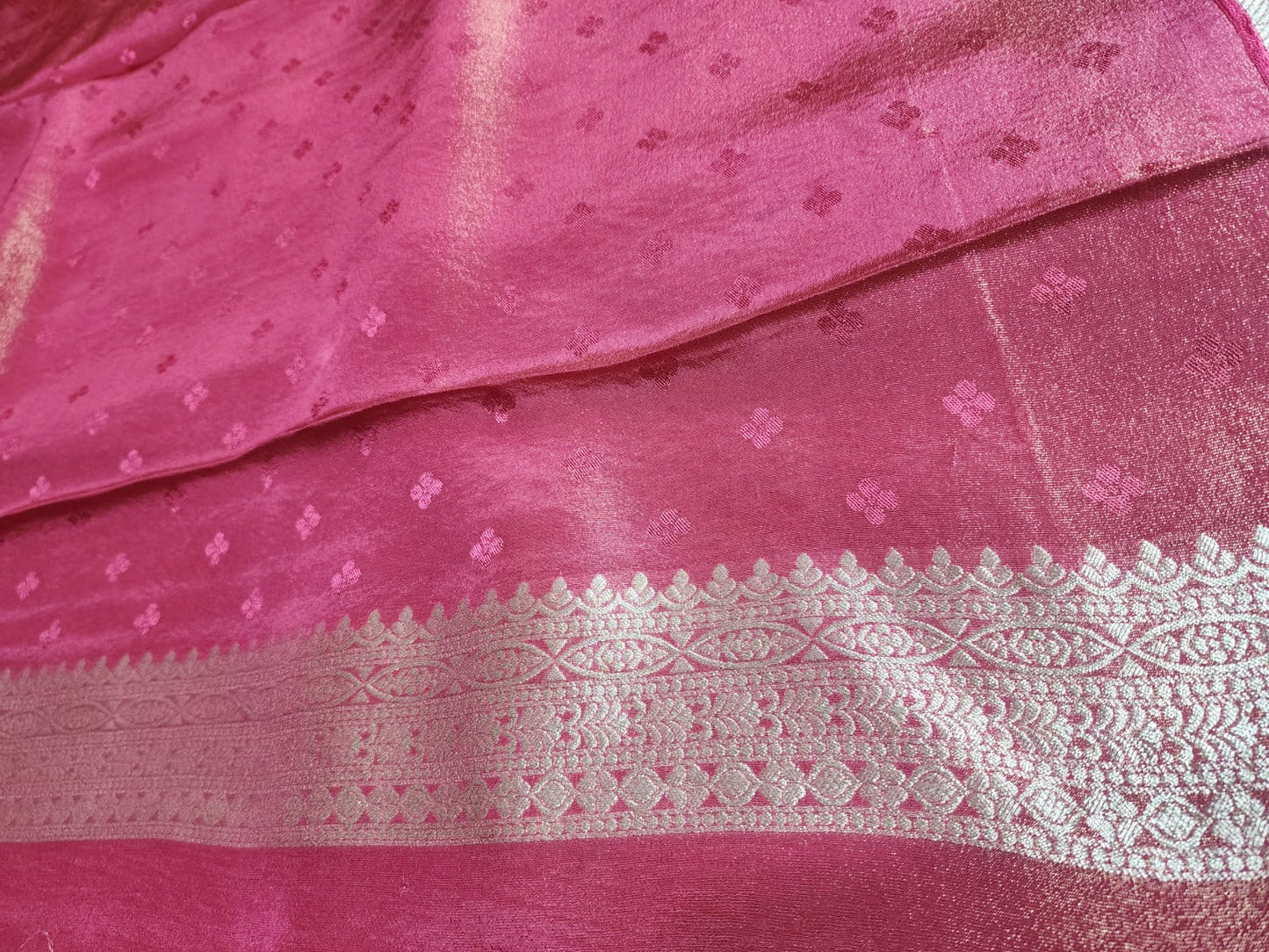 Charming Rani Pink Banaras Silk Saree with Silver Zari Weaving