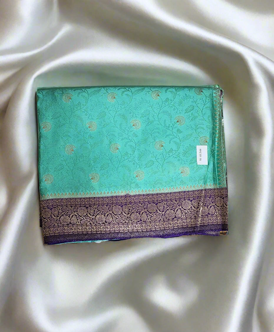 Sea Green Banaras Silk Saree with Contrast Purple Zari Border