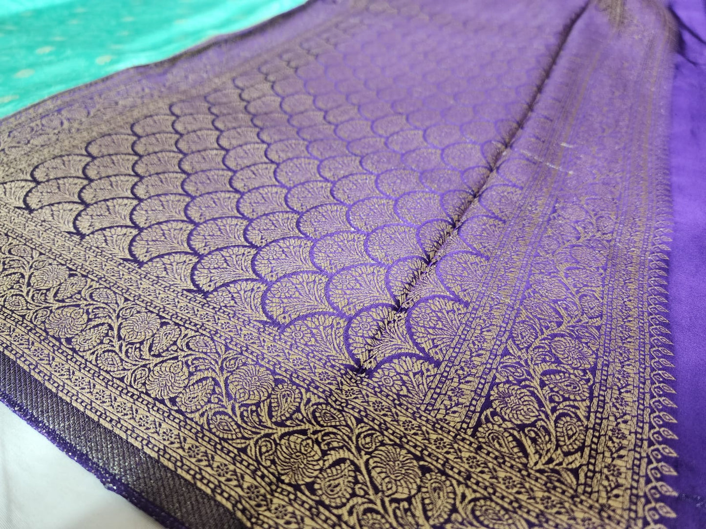 Sea Green Banaras Silk Saree with Contrast Purple Zari Border