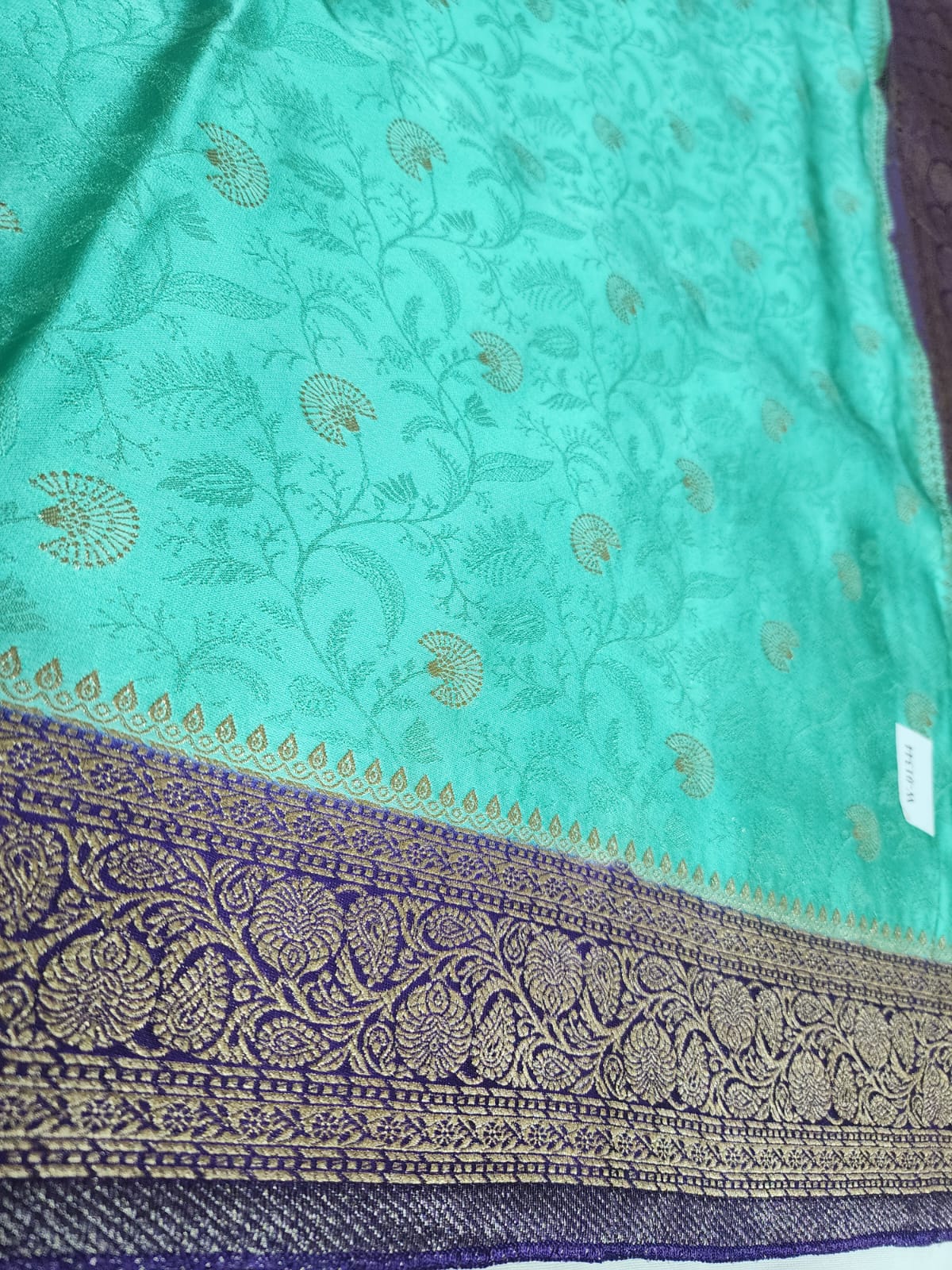 Sea Green Banaras Silk Saree with Contrast Purple Zari Border