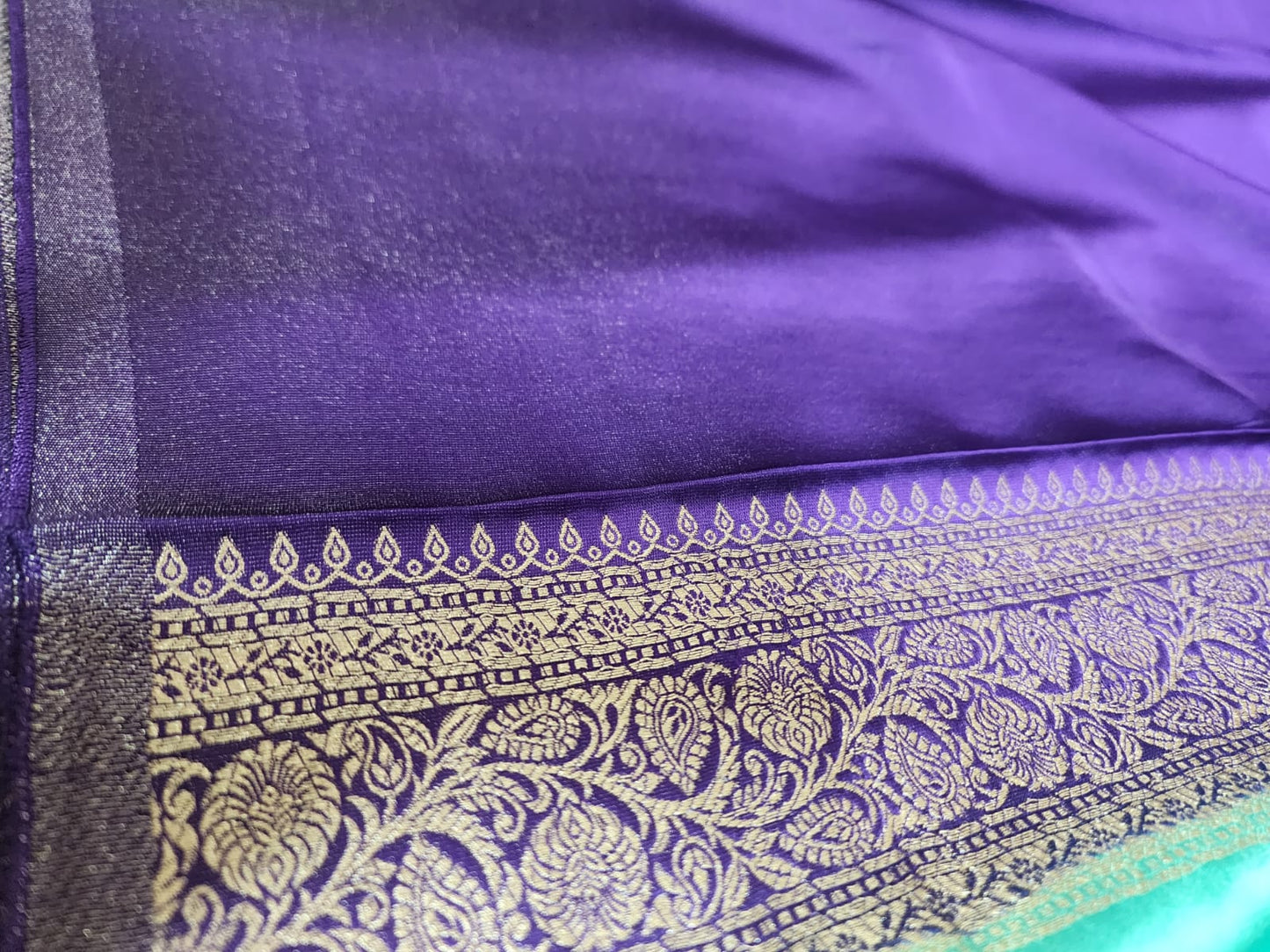 Sea Green Banaras Silk Saree with Contrast Purple Zari Border