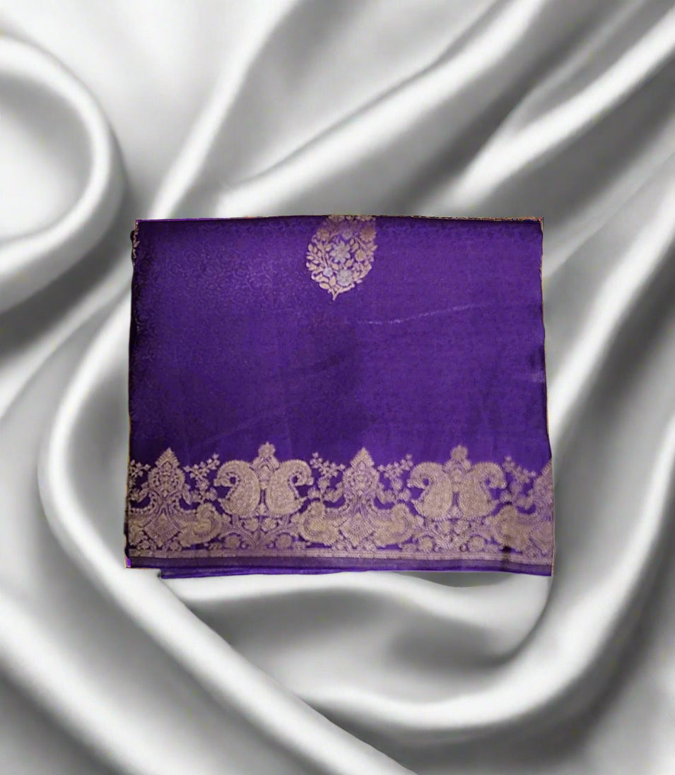 Regal Purple Banaras Silk Saree with Gold Zari Peacock Border
