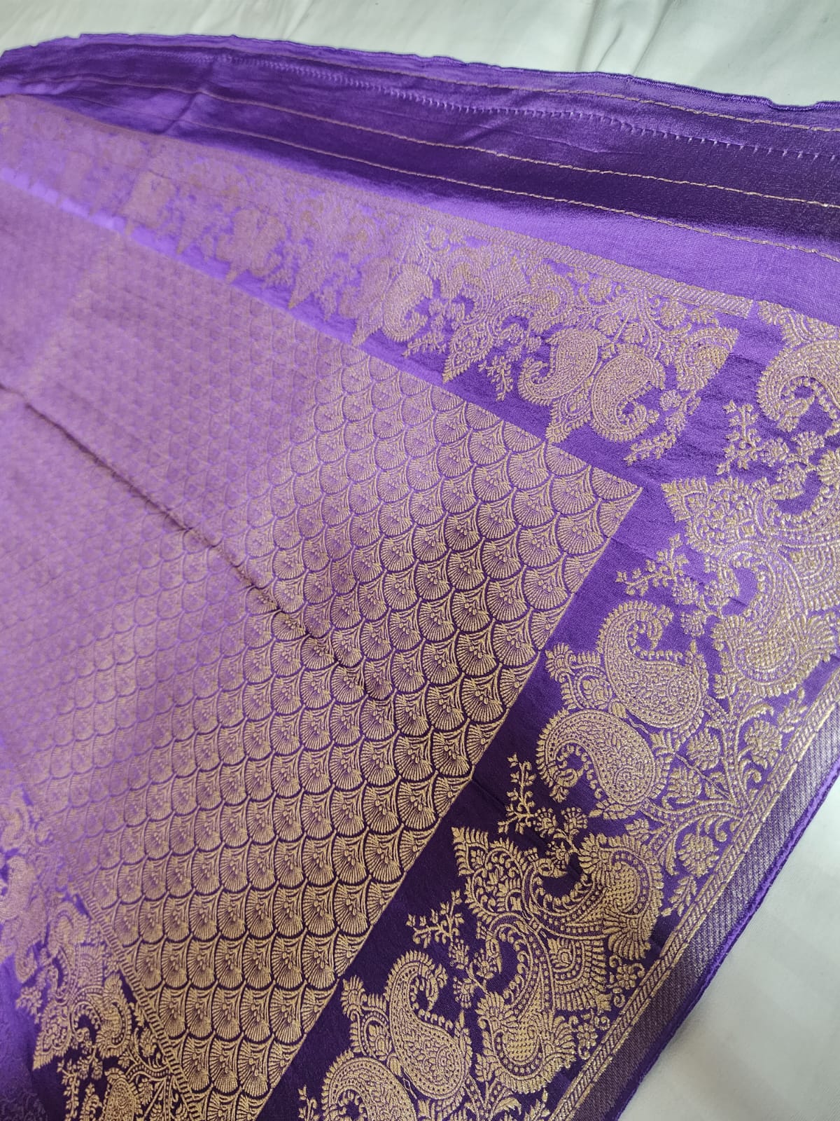 Regal Purple Banaras Silk Saree with Gold Zari Peacock Border