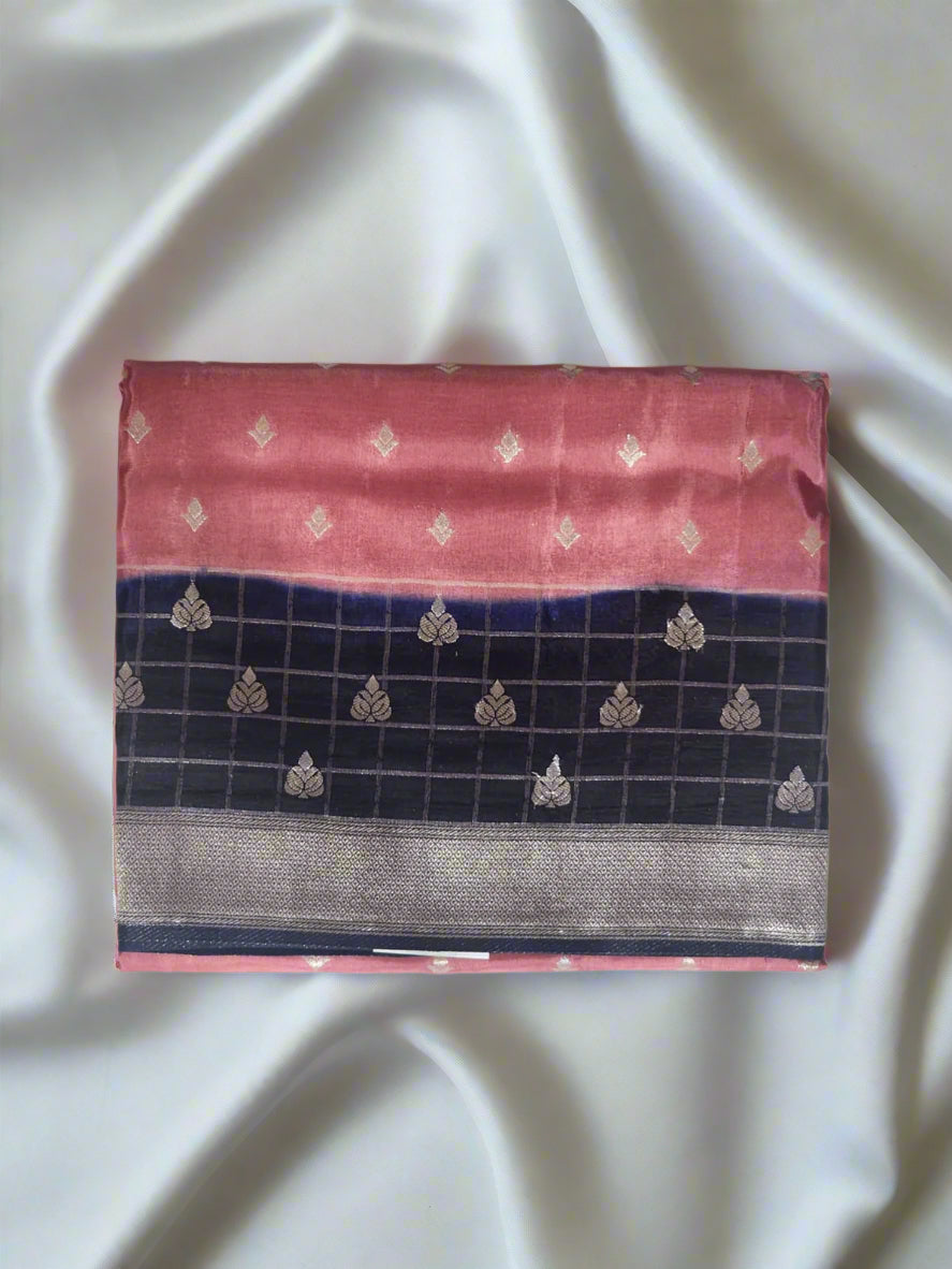 Graceful Pink and Navy Dual-Tone Banaras Silk Saree with Checked Zari Pallu