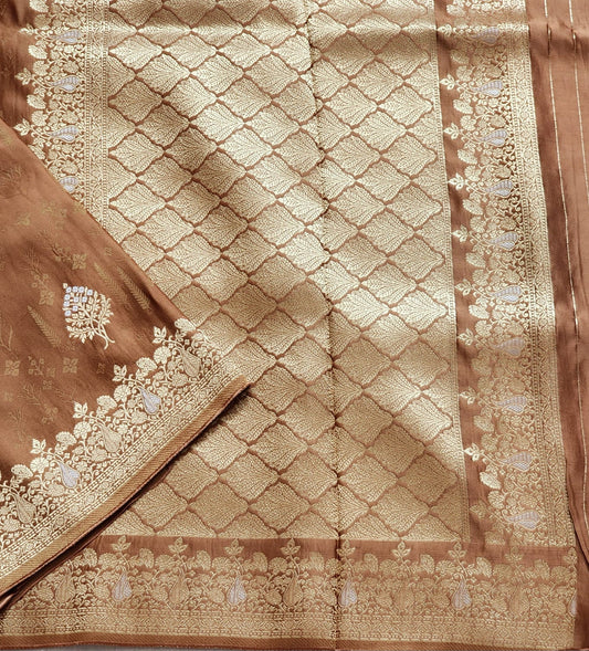 Elegant Coffee Brown Banaras Silk Saree with Golden Zari Weave