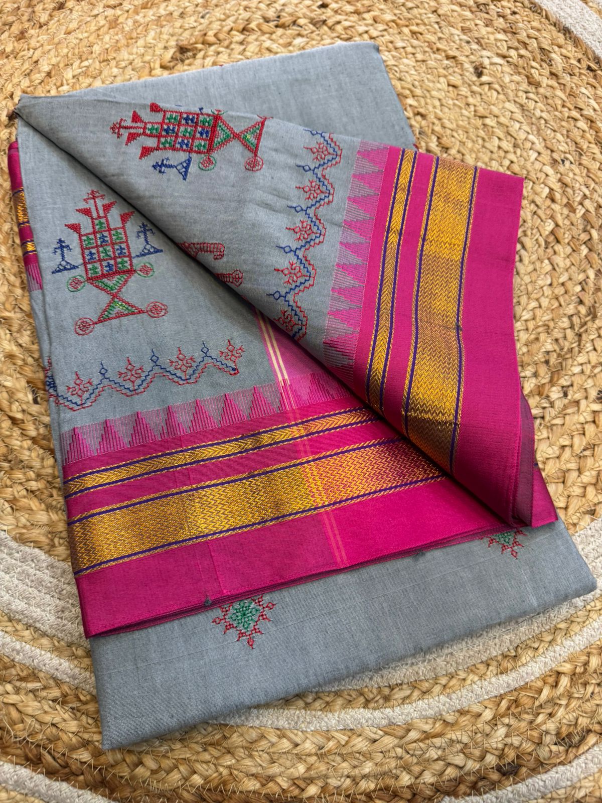 Elegant Grey Ilkal Kasuti Cotton Saree