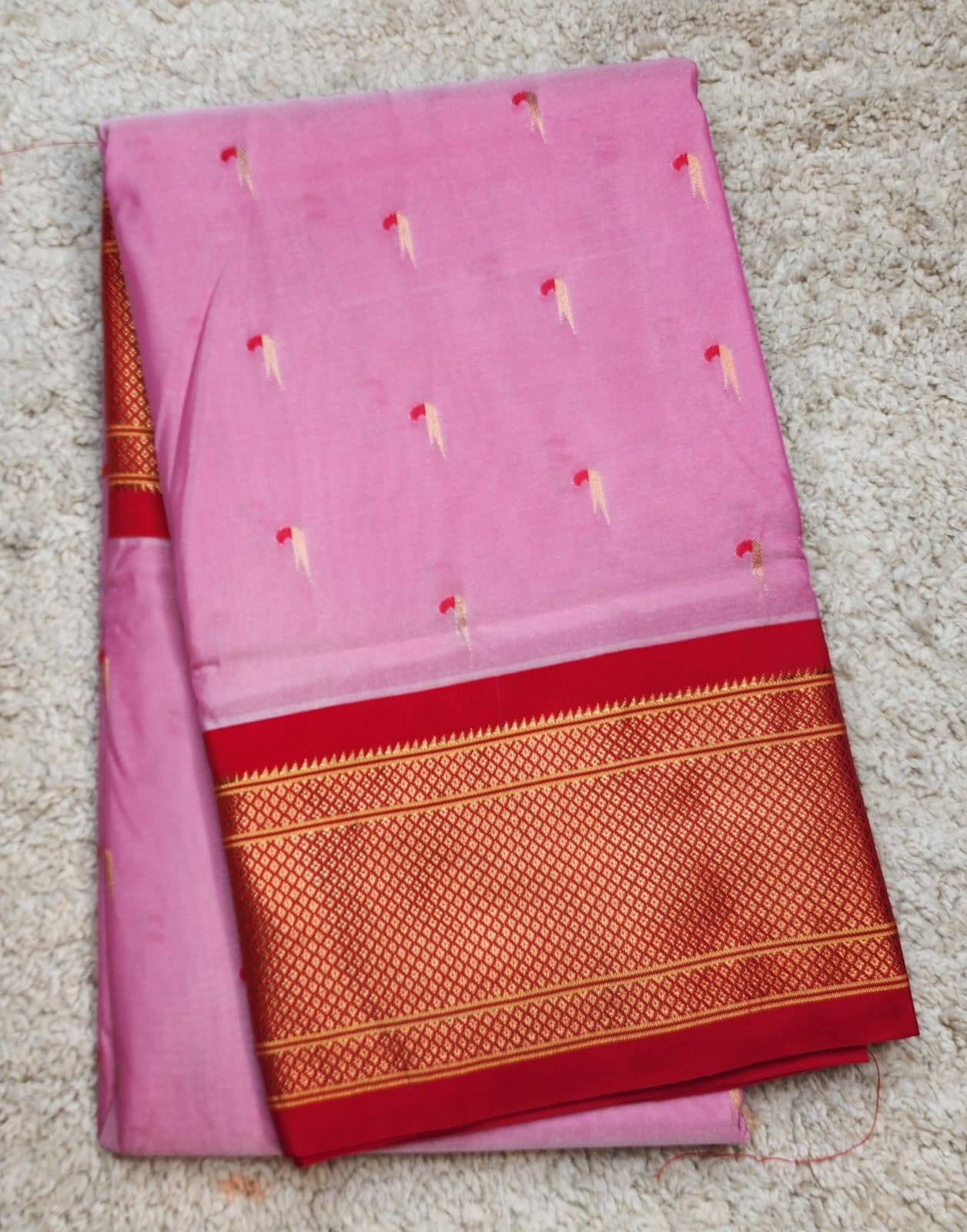 Blush Pink Paithani Saree with Red Kadiyal Border & Muniya Buttas