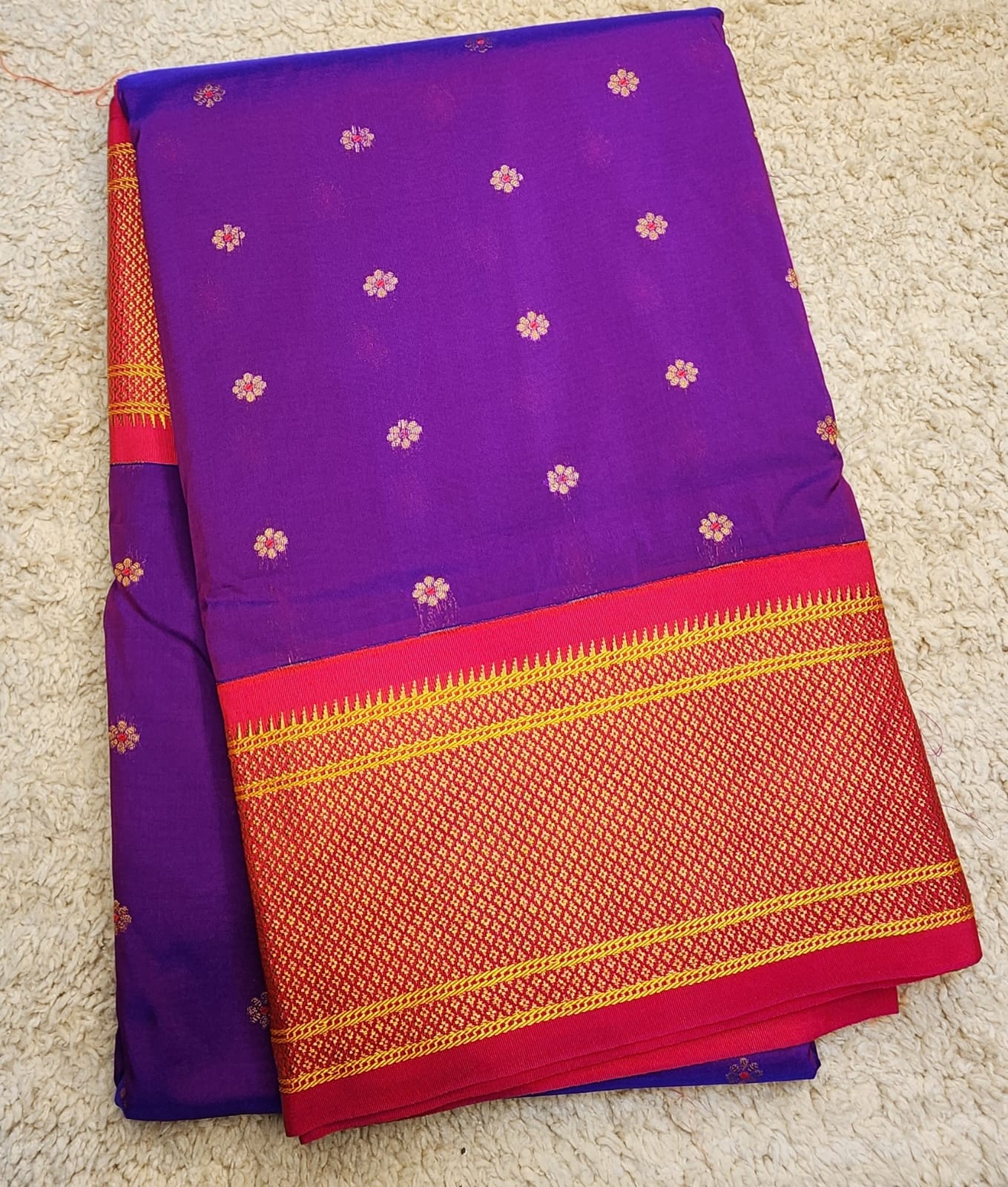 Royal Purple Paithani Saree with Red Kadiyal Zari Border & Floral Buttas