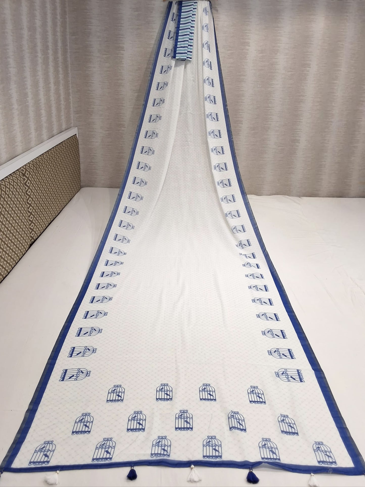 white & Blue cotton printed saree
