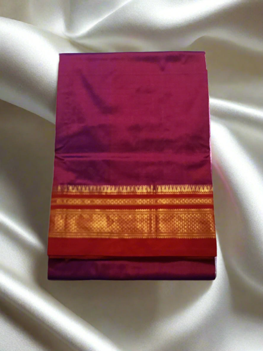 Wine Ilkal silk Saree with Traditional Red and Gold Border
