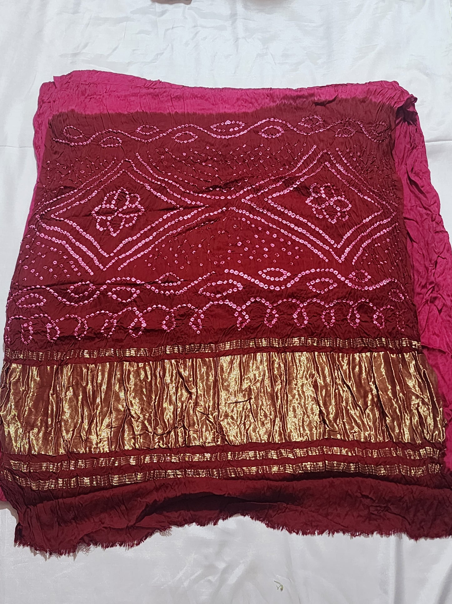 Wine with Pink Border and Golden Zari Pallu Bandhani Modal Silk Saree