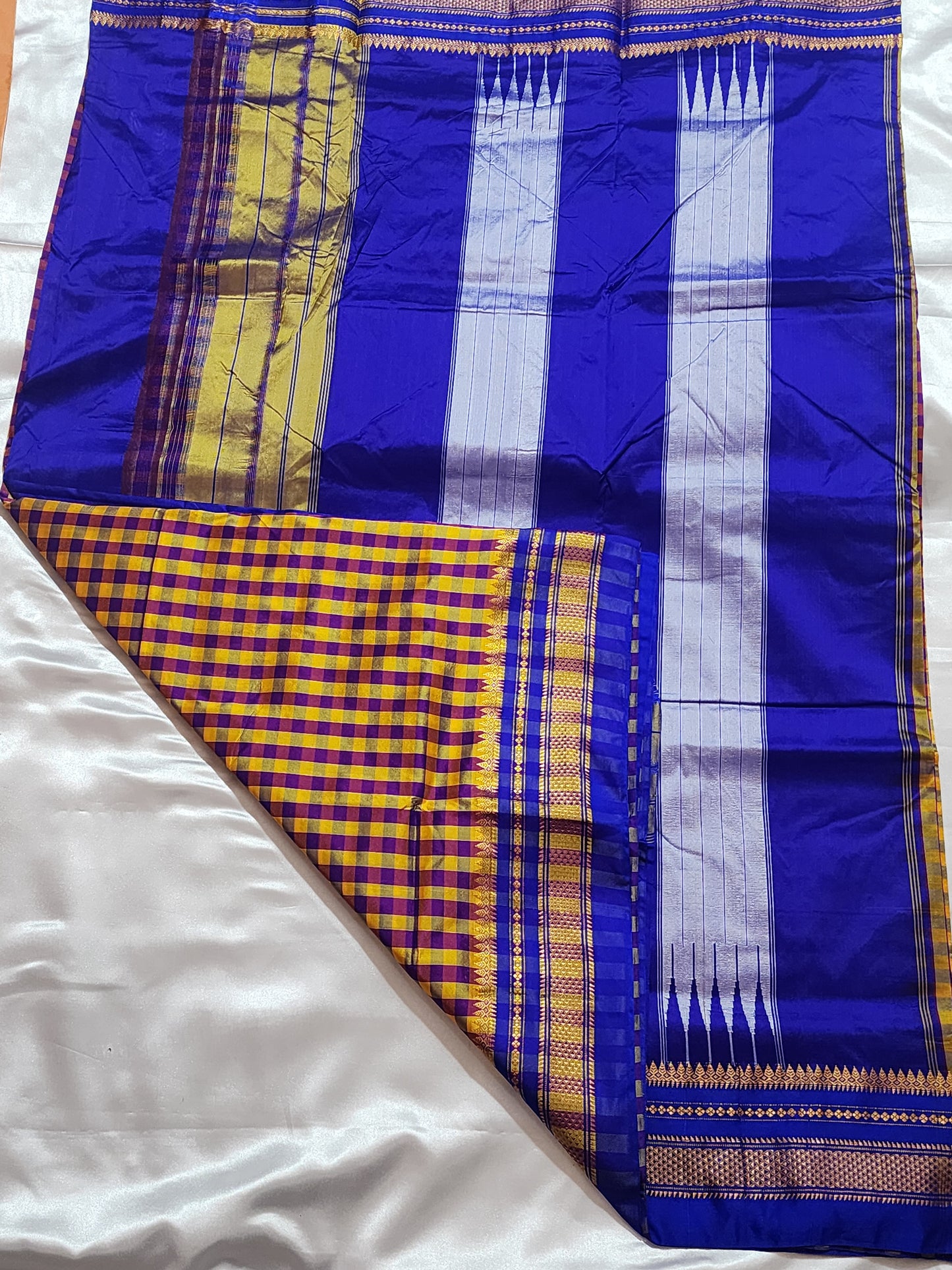 Yellow and Purple Checks Ilkal Silk Saree