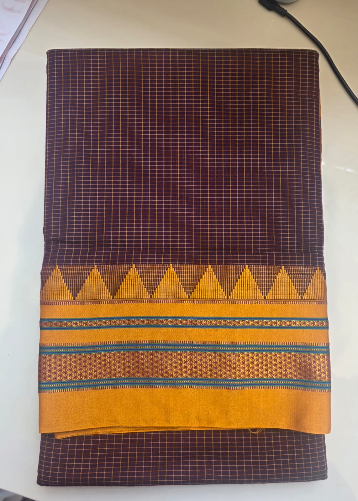 Brown Checks Temple Border Ilkal Cotton Saree