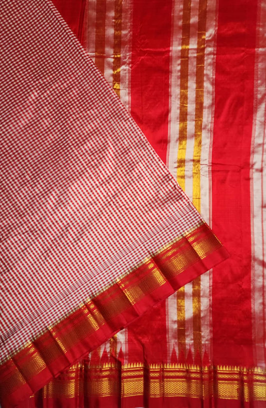 red white Gadwal Ilkal Pure Silk Satrangi Checks