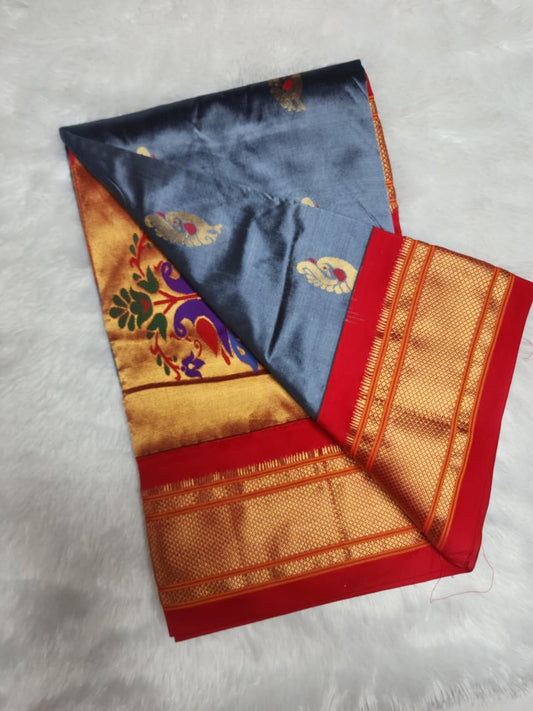 Grey Red Paithani silk