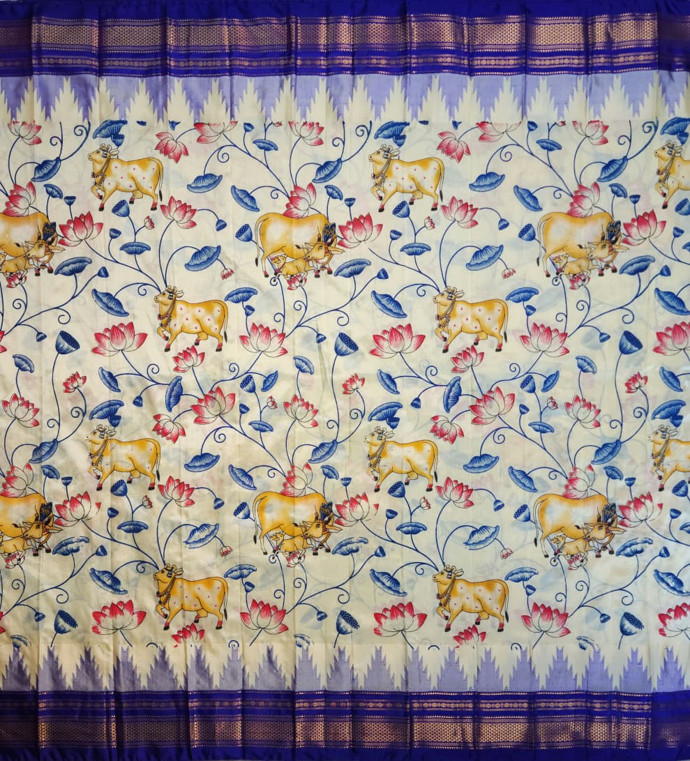 Soft Cream Ilkal–Kalamkari Floral print Fusion Saree