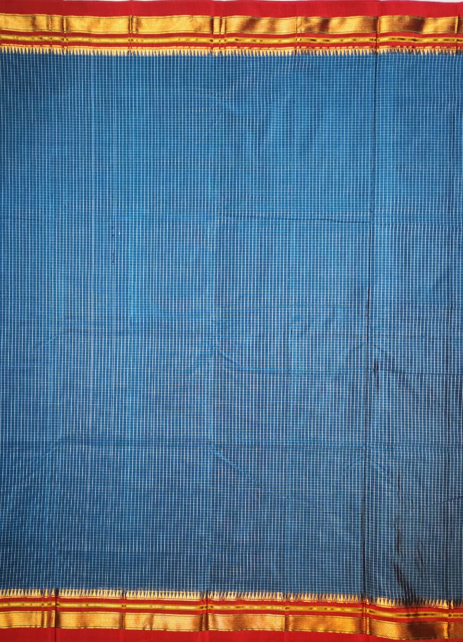 Blue Ilkal Checks Cotton Saree with Thode Paras Border & Silk Pallu