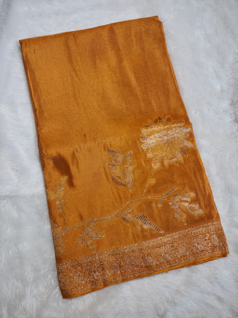 Mustard Gold Banarasi Silk Saree with Floral Zari Weaving