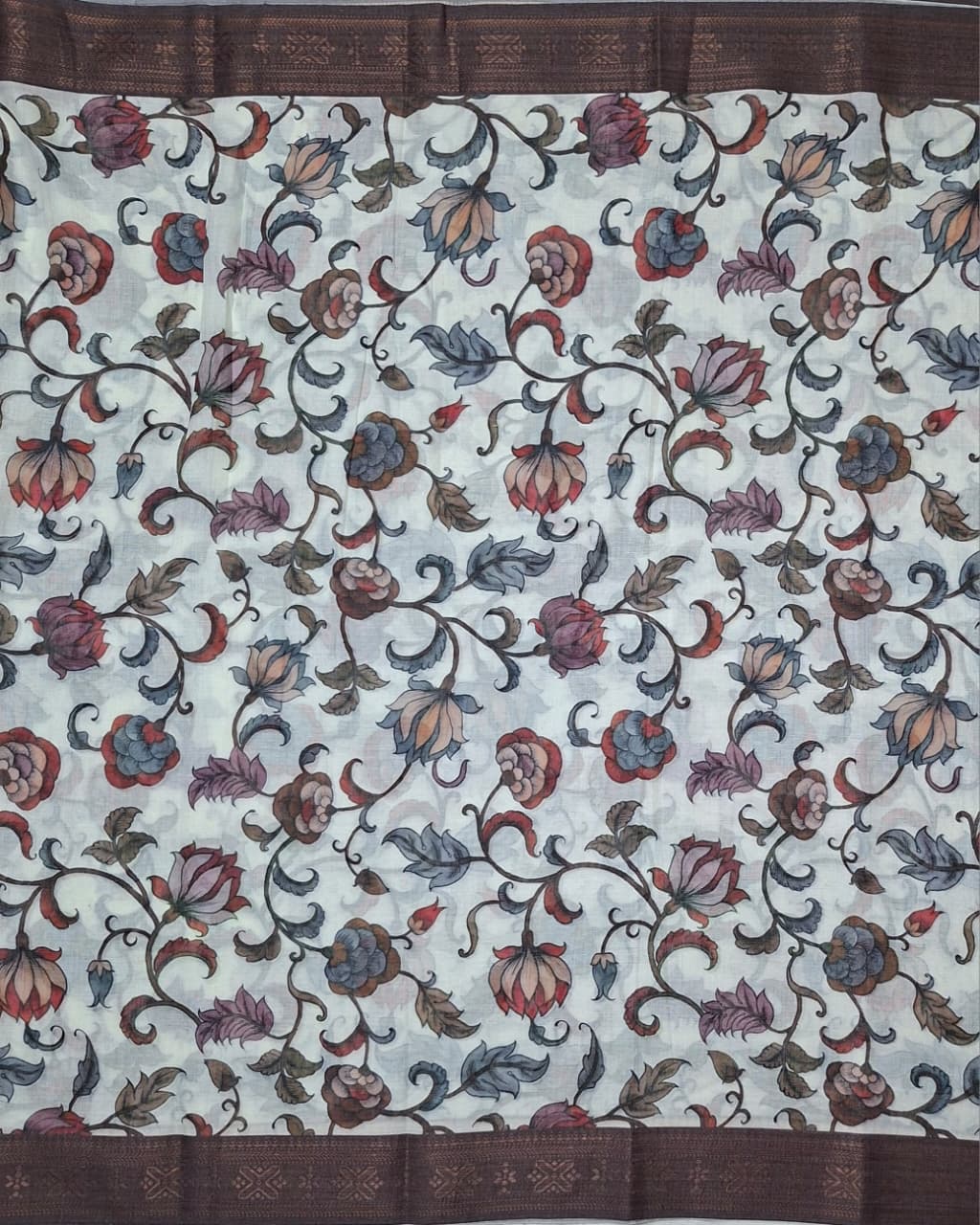 Off White & Brown Cotton- flower Kalamkari Saree