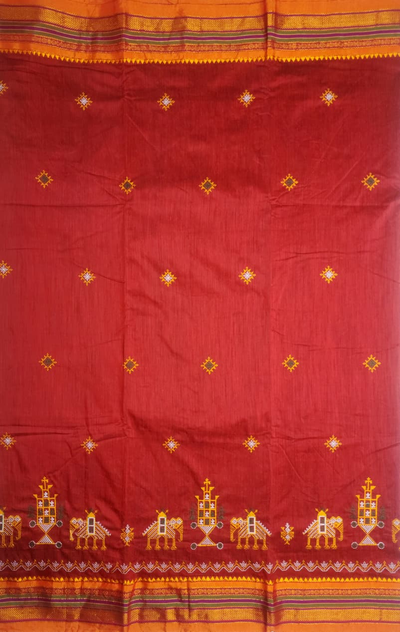 Brick Red Ilkal Kasuti Saree with Chariot & Elephant Motifs