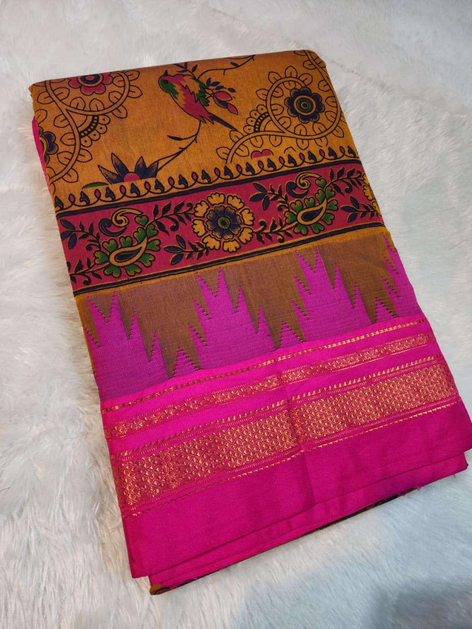 Brown Kalamkari Cotton Saree with Pink Temple Zari Border