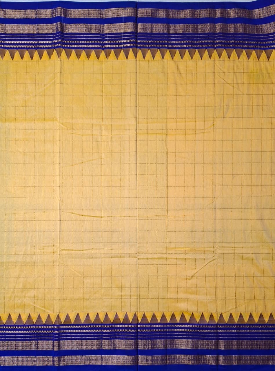 Mustard Yellow Big Checks Ilkal Saree with Royal Blue Big Border